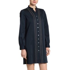 NWT Badgley Mischka Navy Button Front Shirt Dress With Pearls
